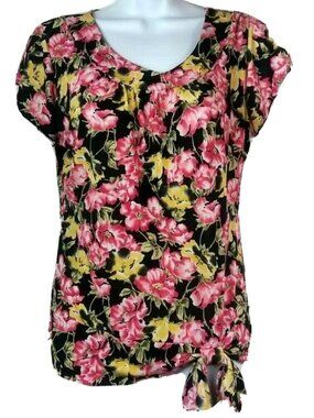 Villager Pink Peasant Top Medium Flowers Tie Waist Soft Flirty Coastal Spring